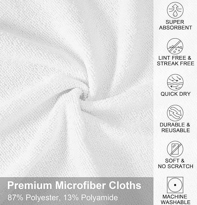 UPSTAR Microfiber Cleaning Cloth, Reusable Paper Towels Rolls, 50 Packs 12x12 inch Cleaning Rags for Washing Dishes, Kitchen, Bathroom, Car, White