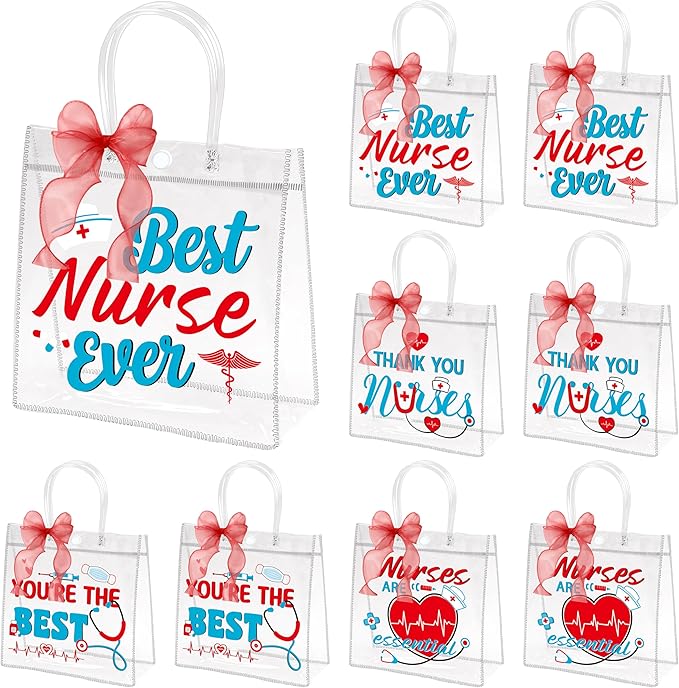 H1vojoxo Nurse Appreciation Gift Bags - 24PCS Nurse Clear PVC Gift Bags with Red Bow Ribbon Nurses Week Thank You Gifts Bag with Handles for Medical Assistant Healthcare Workers Best Nurses Ever