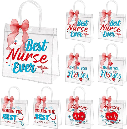 H1vojoxo Nurse Appreciation Gift Bags - 24PCS Nurse Clear PVC Gift Bags with Red Bow Ribbon Nurses Week Thank You Gifts Bag with Handles for Medical Assistant Healthcare Workers Best Nurses Ever
