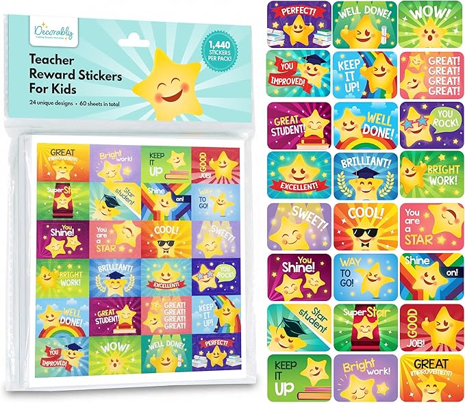 Decorably 1,440 Star Teacher Stickers for Grading for Students - 60 Sheets with 24 Adorable Designs for Classroom Activities, Reward Chart, Positive Reinforcement, Arts & Crafts, Scrapbooking, Gift