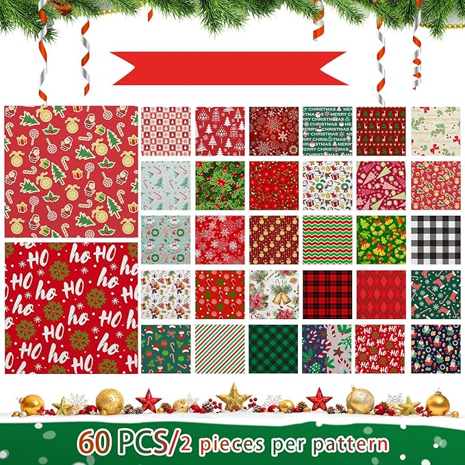 Shimeyao 60 Pieces Christmas Fabric Bundles Sewing Quilting Snowman Santa Elk Snowflake Print Fat Quarters Squares Fabric for Patchwork Sewing DIY Crafts Christmas Party Supplies, 7.87 x 7.87 Inch