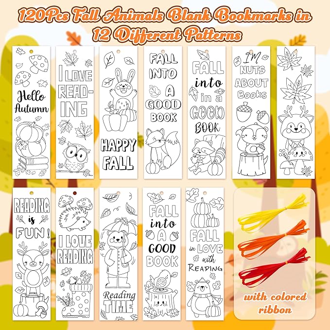 Fall Animal Color Your Own Bookmarks for Kids -120Pcs Fall DIY Coloring Blank Bookmark with Squirrel Hedgehog Classroom Art Craft Supplies for Students Halloween Thanksgiving Reward Goodie Fillers