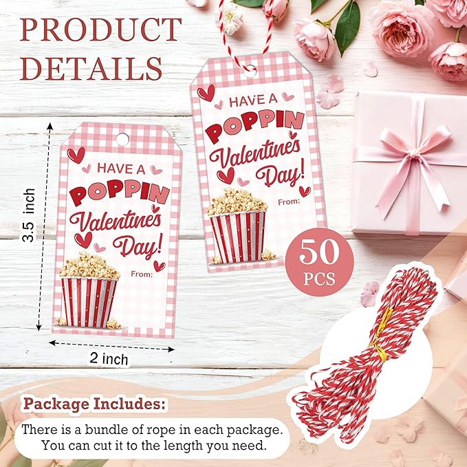Have A Poppin Valentines Day Sticker Label, 50 Pcs Valentine Gift Tags with String, Gift Tag Paper Tags Labels Idea Valentines Activity School Classroom Party Favors-Pink Plaid