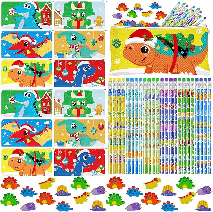 Cinrobiye 48 Pcs Christmas Dinosaur Gift Set Holiday Pencil Case Pouches Dino Pencils Erasers Xmas Party Supplies Stocking Stuffers Goody Bag Fillers Teacher Rewards Prizes Holiday Exchange Gifts