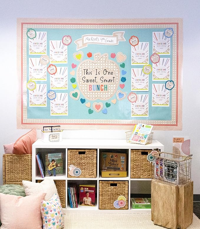 Carson Dellosa True to You 59-Piece This is One Sweet, Smart Bunch Motivational Bulletin Board Set, Heart and Apple Modern Décor for Bulletin Board, Cork Board, and Natural Classroom Decor, 110587