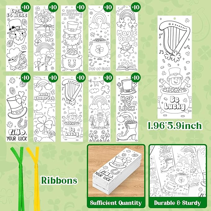 100Pcs St. Patrick’s Day Color Your Own Bookmarks Shamrock Lucky Clover DIY Coloring Blank Bookmarks with Ribbon Irish Holiday Art Crafts Supplies Classroom Reward Gifts Party Favors for Kids Students