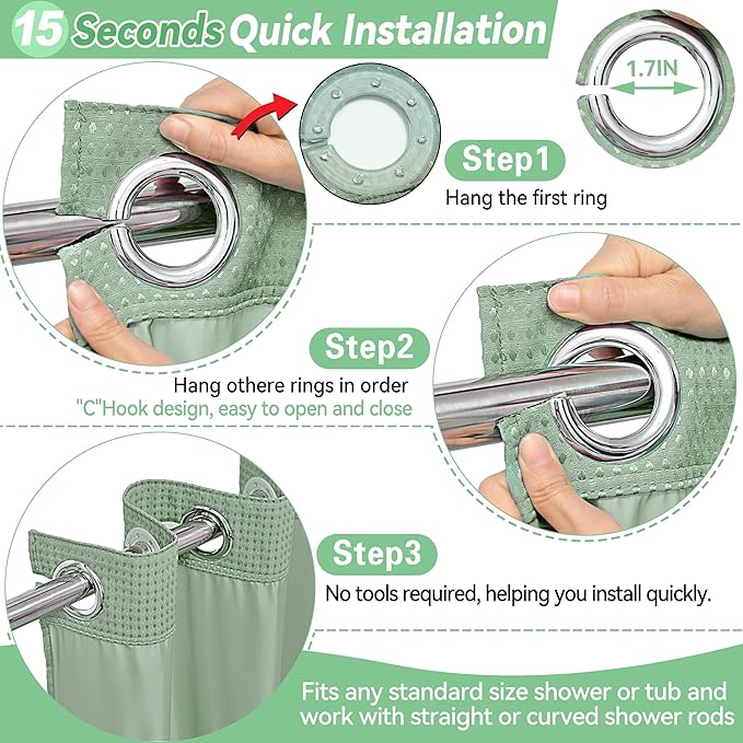 Conbo Mio Extra Long No Hook Sage Green Waffle Weave Shower Curtain with Snap in Liner Set, Hotel Luxury Shower Curtains for Bathroom with See Through Top Window, Waterproof, Washable 71W x 84H