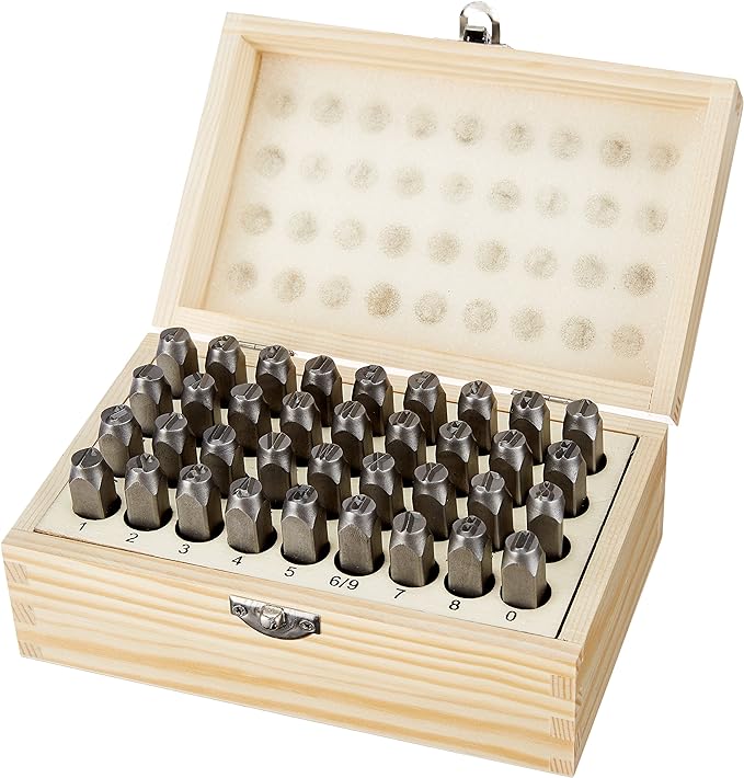 Amazon Basics Metal Stamping Kit, Alphabet and Number Stamps, 36-Piece Set with Wood Storage Case, 5/16 inch, for Leather, Wood, Metal Crafting