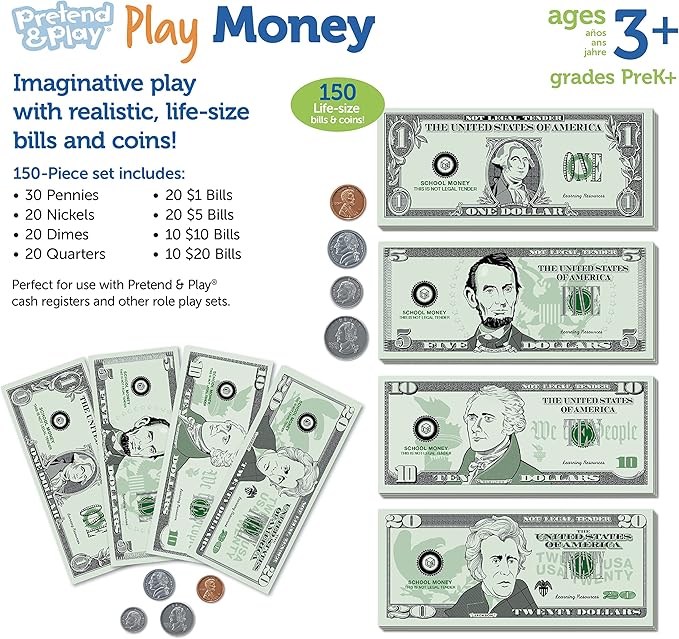 Learning Resources Pretend Play Money - Math Manipulatives for Kids, Kids Bank, Plastic Coins, Cash Register, Toddler, Homeschool Supplies, Fine Motor Skills, Teaching Set Manipulatives