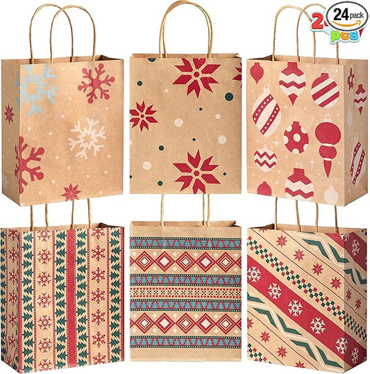 JOYIN 24 PCS Christmas Kraft Gift Bags for Present Wrapping, Holiday Paper Goody Gift Treat Candy Bags for Xmas Decor Supplies Classrooms Wedding and Party Favors (9" x 7.3" x 3.3")