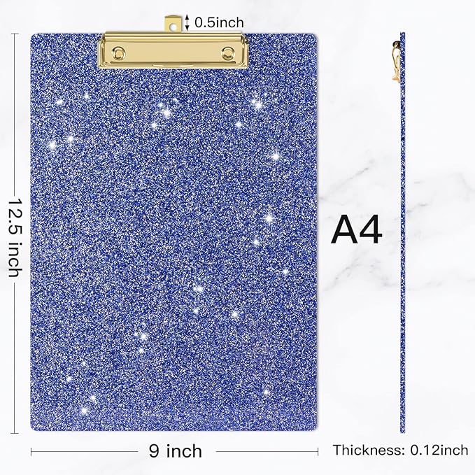 Piasoenc Acrylic Clipboards, Fashion Glitter Clip Board with Low Profile Gold Clip, Designed for Classroom School and Office Use, A4 Letter Size 9 x 12.5 in,Blue