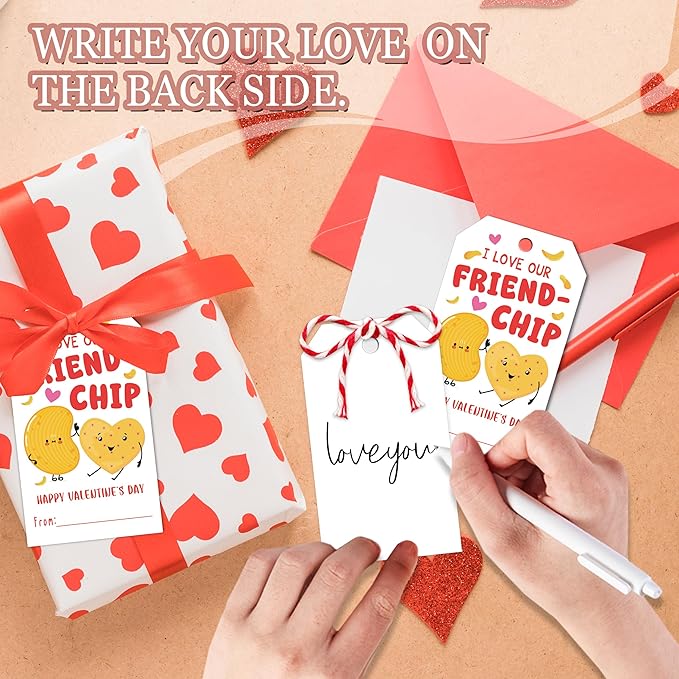 50Pcs Friend-chip Valentines Tags, Valentines Gift Label with String, Hanging Paper Gift Label for Wrapping Treat Bag, Idea Valentine's Activity School Classroom Party Favors