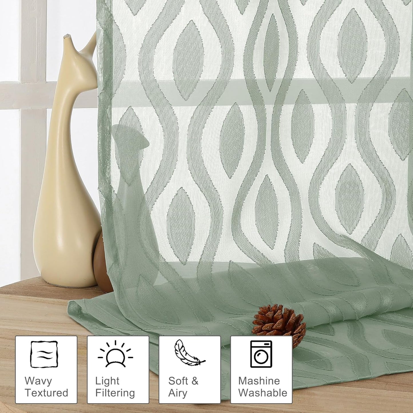 Aiyufeng Green Sheer Curtains 72 Inches Long 2 Panels Set, Lightweight Clip Jacquard Textured Sheer Privacy Curtains for Bedroom Living Room, Classic Wavy Line Design Door Curtains, 40" Wx72 L Inches