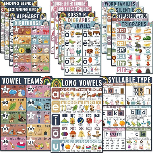 16 Sound Wall Classroom Phonics Language Arts Charts for Kids Toddler Learning Vowels Sounds, Phonics Posters for Classroom, Digraphs and Blends Poster, Reading Poster, Sound Wall Phonics Routine（16 x 11 Inch）