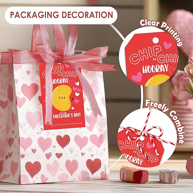 50Pcs Chip Chip Hooray Valentines Tags, Valentine Thank You Gift Label with String, Hanging Paper Gift Label for Wrapping Treat Bag, Idea Valentines Activity School Classroom Party Favors