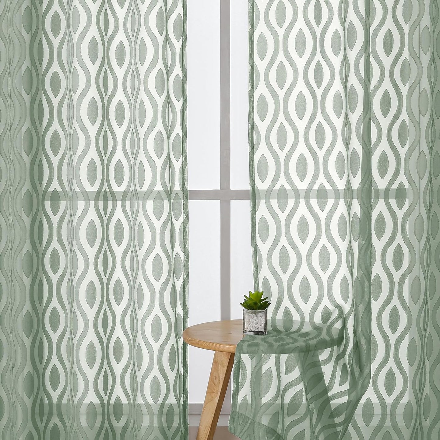 Aiyufeng Green Valance Curtains 14 Inch Length, Chic Wavy Line Clip Jacquard Sheer Curtains for Basement Bathroom Small Curtain, Lightweight Solid Rod Pocket Small Window Curtains, 2 PCS, 40Wx14L Inch