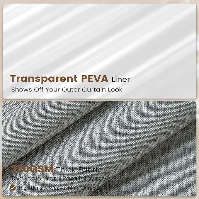 BTTN Grey 3 in 1 Shower Curtain Set, Linen Textured Fabric Shower Curtain and Clear Liner Set with Plastic Hook, Modern Hotel Luxury Weighted Waterproof Shower Curtain for Bathroom, Gray, 72x72