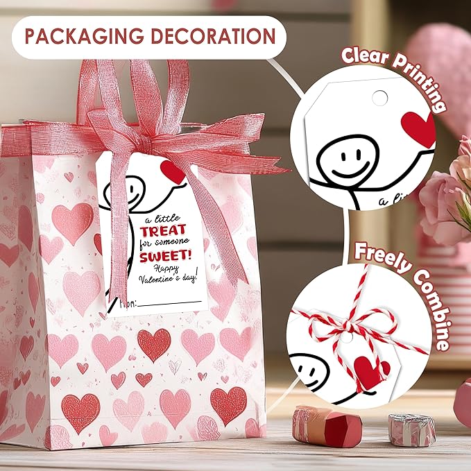 Funny Valentine Tags - 50Pcs A Little Treat Happy Valentine Tags with String, Gift Label Idea Valentines Activity Party Favors-Minimalism
