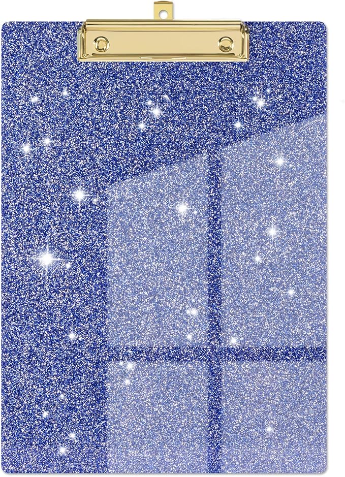 Piasoenc Acrylic Clipboards, Fashion Glitter Clip Board with Low Profile Gold Clip, Designed for Classroom School and Office Use, A4 Letter Size 9 x 12.5 in,Blue