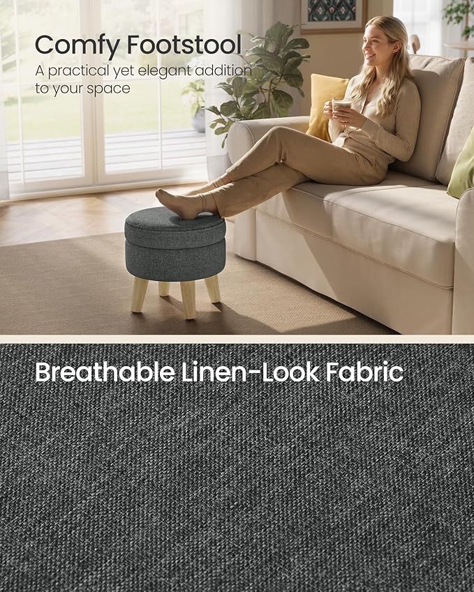 SONGMICS Storage Ottoman, Foot Stool, Round Ottoman with Padded Seat, Foot Rest with Wood Legs, Small Table, for Hallway, Living Room, 12.2 Inches, Linen-Look Fabric, Slate Gray ULOM514GN01