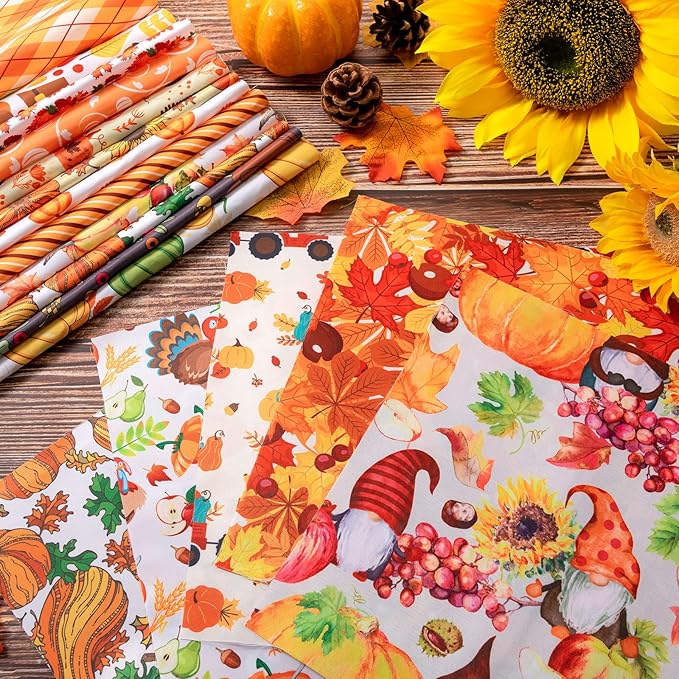 Shimeyao 60 Pieces Thanksgiving Fabric Bundles 10 x 10 Inch Thanksgiving Leaves Pumpkin Patchwork Squares Fabric for Harvest Holiday DIY Craft Sewing Quilt Material Handmade