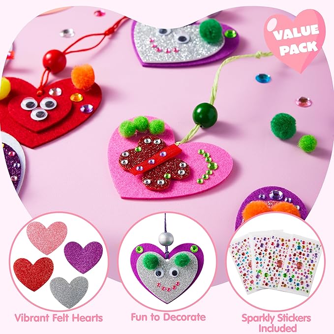 JOYIN Valentines Day 264 Pcs DIY Heart Felt Craft Set, Felt & Glitter Hearts & Wooden Beads & Plastic Eyes & Colorful Paper Ropes for Valentine's Day Kids Craft Party Classroom Ornaments Decorations