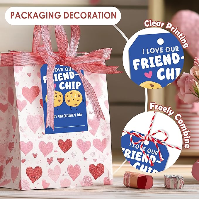 50Pcs Friend-chip Valentines Tags, Cookie Valentines Gift Label with String, Hanging Paper Gift Label for Wrapping Treat Bag, Idea Valentine's Activity School Classroom Party Favors