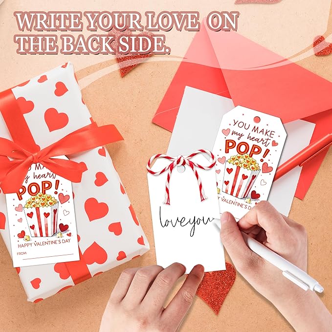 You Make My Heart Pop Valentines Gift Tags, 50 Pcs Valentine Tags with String, Valentines Day Thank You Gift Label for Bags School Classroom Party Favors