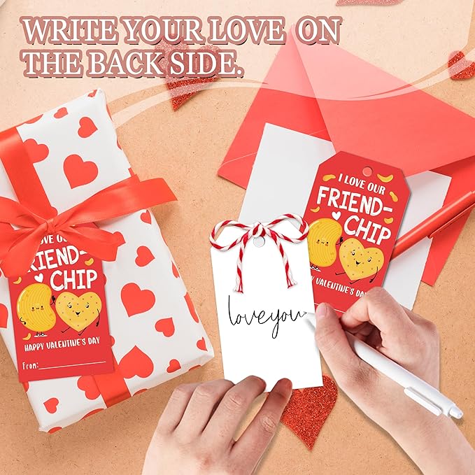 50Pcs Friend-chip Valentines Tags, Valentines Thank You Gift Label with String, Hanging Paper Gift Label for Wrapping Treat Bag, Idea Valentine's Activity School Classroom Party Favors