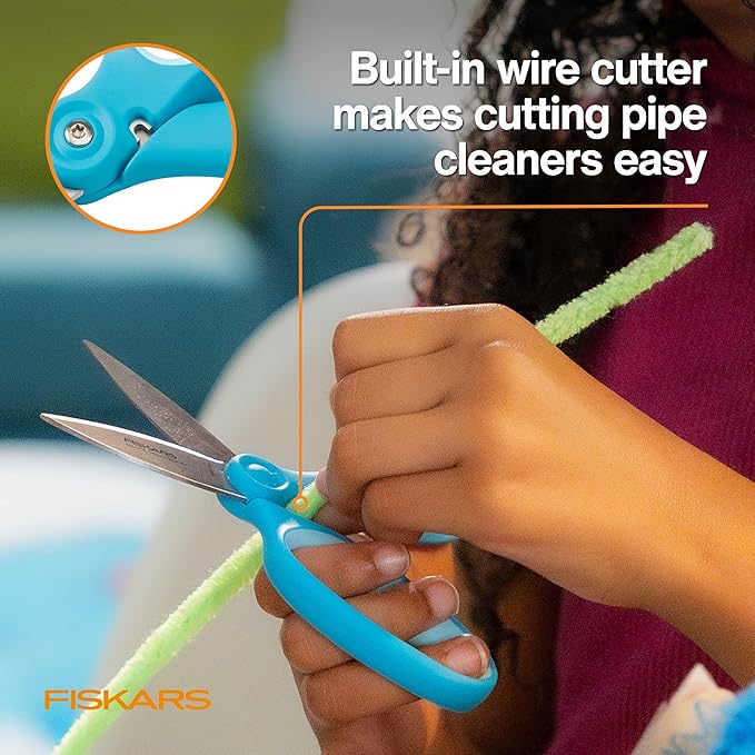 Fiskars Kids Cardboard Creator – Safer Cardboard Cutting Tool with Ergonomic SoftGrip Handle, for Craft and School Supplies, 5 Inches, Rubber and Stainless Steel