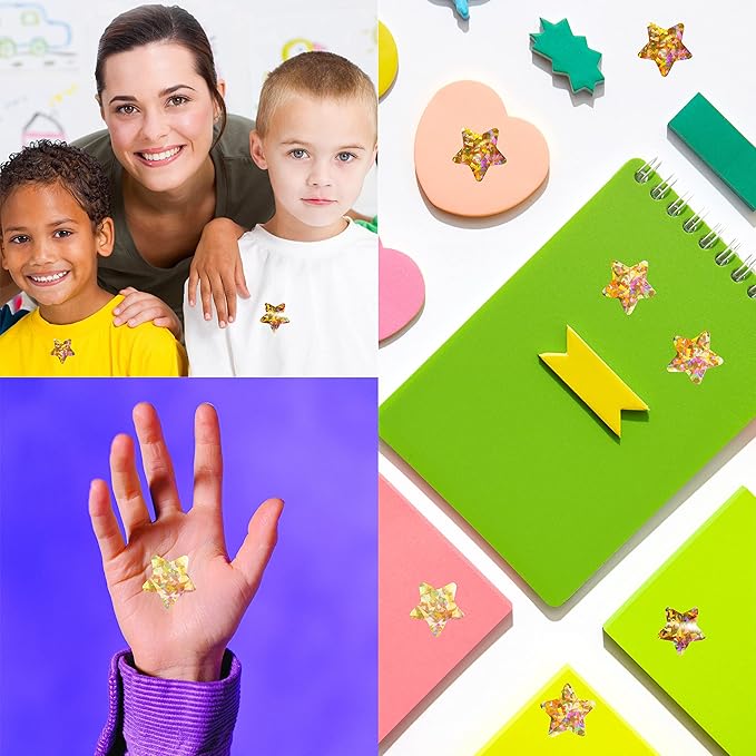 500 PCS Holographic Gold Star Stickers, Self Adhesive Metallic Glitter Foil Stickers Reflective Star Stickers Reward Behavior Chart Labels for Kids Students Teachers Supplies