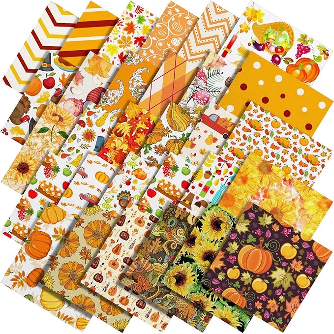 Shimeyao 60 Pieces Thanksgiving Fabric Bundles 10 x 10 Inch Thanksgiving Leaves Pumpkin Patchwork Squares Fabric for Harvest Holiday DIY Craft Sewing Quilt Material Handmade