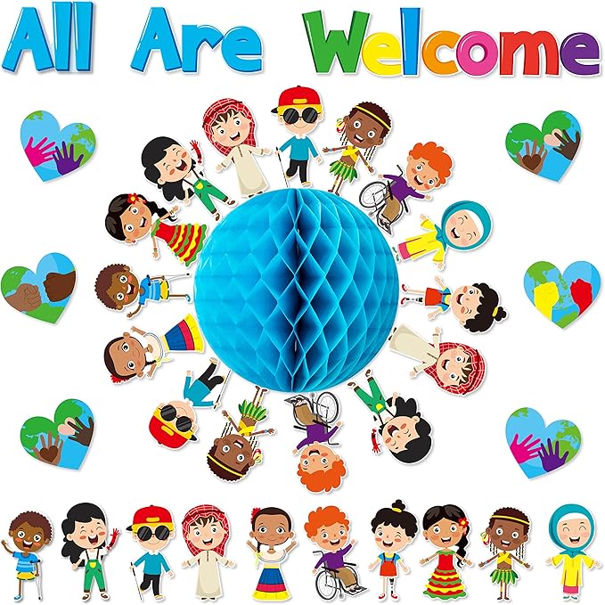 BeYumi 75PCS Student Diversity Bulletin Board Set All are Welcome Hearts Cutouts Earth Honeycomb Inclusion Multicultural Bulletin Board Back to School Equality One World Classroom Door Decoration