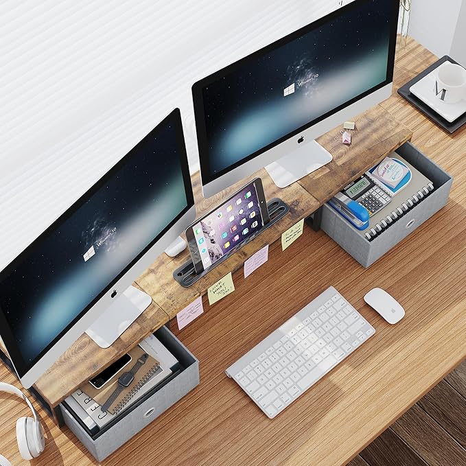Mexin Dual Monitor Stand Riser with 2 Drawers - 39Inch Large Storage Computer Monitor Stands for 2 Monitors, Wooden Desktop Organizer Perfect for Home Office Desk, Computer, Laptop, TV, Rustic Brown