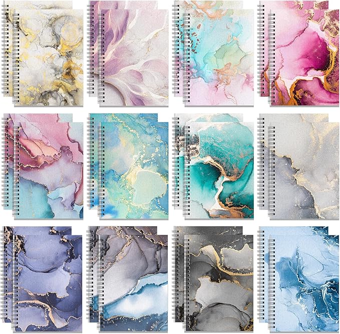 Fuutreo 24 Pcs Spiral Notebook for Work A5 8.3 x 5.7 Inch College Ruled Spiral Journal Notebook Kraft Cover, 12 Color, 60 Sheets, 120 Pages for Office School Supplies(Innovative,Marble)