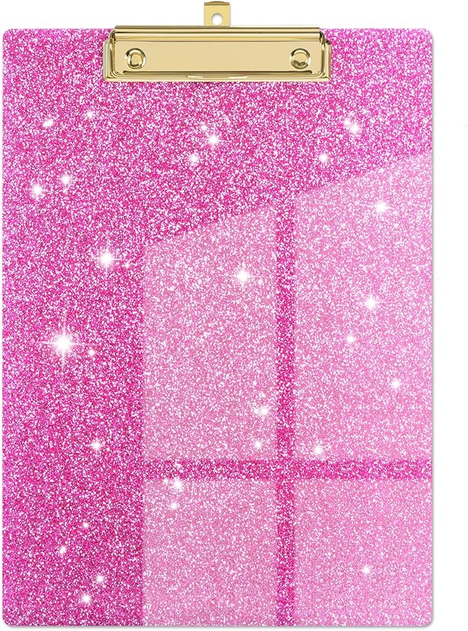 Piasoenc Acrylic Clipboards, Fashion Glitter Clip Board with Low Profile Gold Clip, Designed for Classroom School and Office Use, A4 Letter Size 9 x 12.5 in,Warm Pink