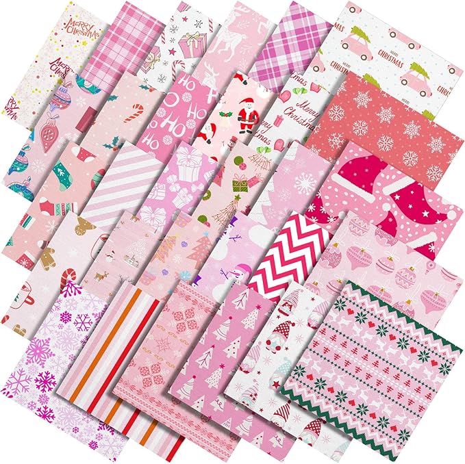 Shimeyao 60 Pcs 10 x 10 Inch Pink Christmas Quilting Fabric Bundle Fat Quarters Santa Snowman Reindeer Print Squares Fabric Printed Patchwork Supplies for Xmas DIY Decorations Sewing Craft
