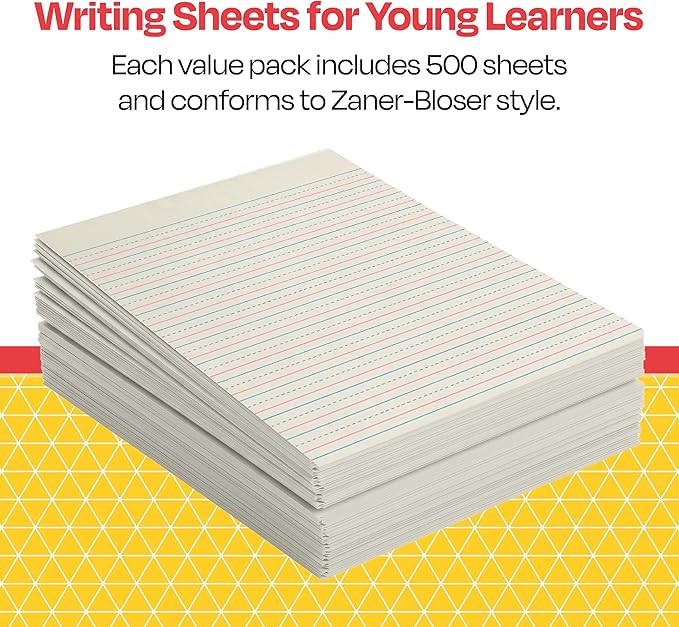 School Smart Zaner-Bloser Writing Paper, Handwriting Practice Lined Paper, Grade 3 Learning, 1/2 Inch Rule, 8 x 10-1/2 Inches, 500 Sheets