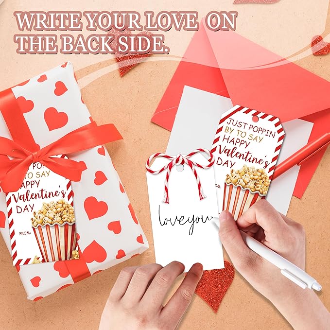 Just Poppin Happy Valentines Gift Tags, 50 Pcs Valentine Tags with String, Popcorn Design Thank You Label for Gift Wrapping, Valent Day Decoration-Red White