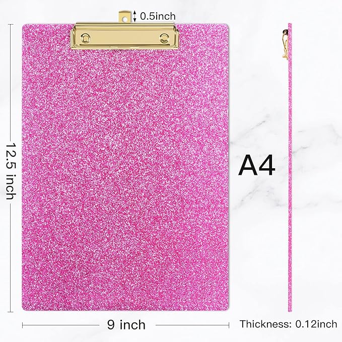 Piasoenc Acrylic Clipboards, Fashion Glitter Clip Board with Low Profile Gold Clip, Designed for Classroom School and Office Use, A4 Letter Size 9 x 12.5 in,Warm Pink