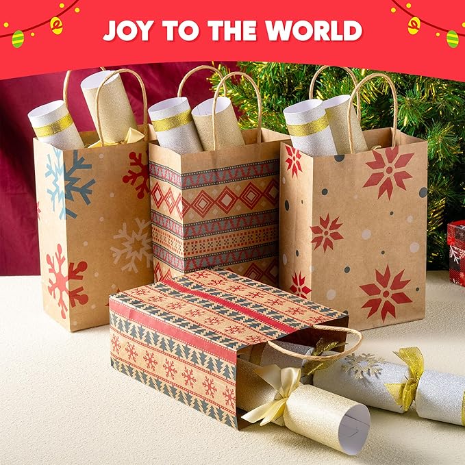 JOYIN 24 PCS Christmas Kraft Gift Bags Xmas Paper Goody Wrap Bags with Durable Handles and Non-Breaking Bottoms for Holidays, Birthdays, Classrooms and Party Favors (8.27 x 5.91 x 3.15)