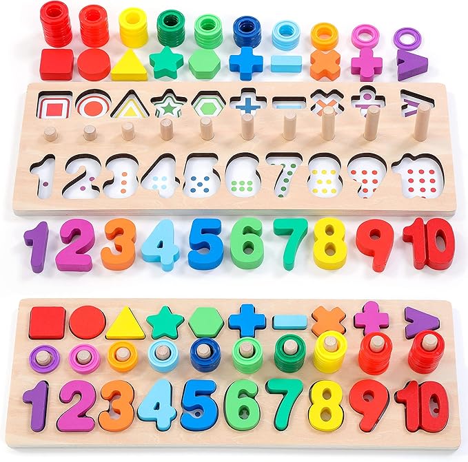 BEKILOLE Wooden Montessori Toys for Kids Toddler Number Puzzles Sorter Counting Shape Stacker Stacking Game Preschool Toys for Boy Girl Learning Education Math Blocks Year Old Girl Gifts (Rainbow)