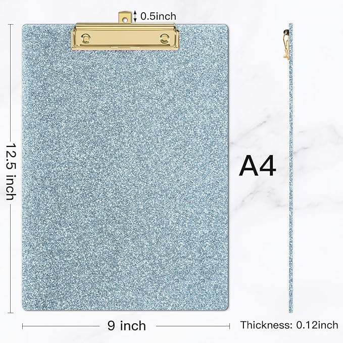 Piasoenc Acrylic Clipboards, Fashion Glitter Clip Board with Low Profile Gold Clip, Designed for Classroom School and Office Use, A4 Letter Size 9 x 12.5 in,Ice Blue