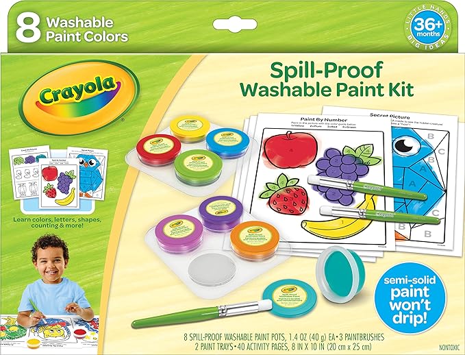 Crayola Spill Proof Paint Set (8ct), Washable Toddler Paint Kit, With Brushes, Pots, Activity Pages, Arts & Crafts Kit, Gift for Toddlers, Ages 3+
