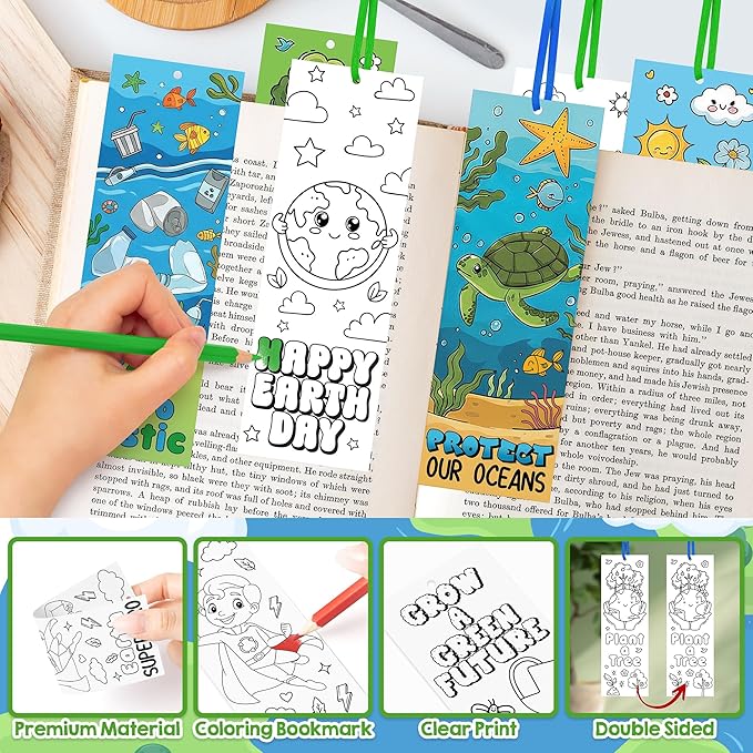 100 Pcs Earth Day Color Your Own Bookmarks Environmental Protection DIY Coloring Blank Bookmarks with Ribbon Art Crafts Supplies School Classroom Rewards Gifts Party Favors for Students Teachers