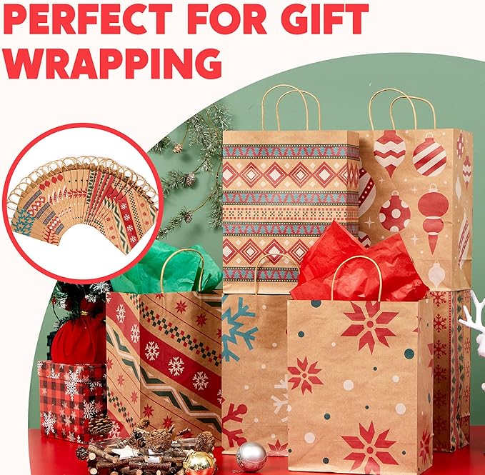 JOYIN 24 PCS Christmas Kraft Gift Bags Xmas Holiday Paper Goody Wrap Shopping Bags with Handles for Holiday Presents, Giant Gifts Decorations, Classrooms and Party Favors (10 x 13 x 5)