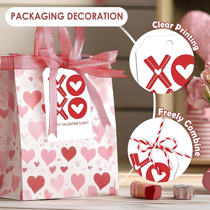 Happy Valentines Tags for Bags, 50Pcs Valentine Gift Label with String, Sweet Themed Party or Valentine' Day Thank You Gift Tags Great for Party Favors-XOXO