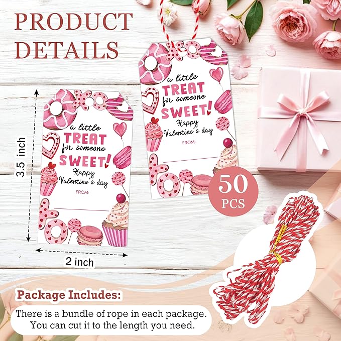 Valentines Day Gift Sticker Tags - 50Pcs A Little Treat Happy Valentine Tags with String, Gift Label Idea Valentines Activity School Classroom Party Favors-Pink