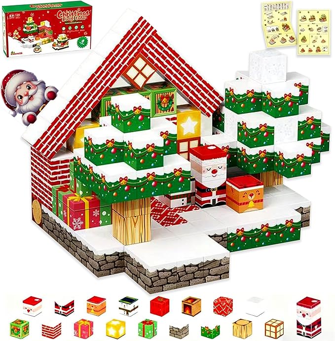 Magnetic Blocks,100 PCS Build Magnetic Santa Chimney Xmas Tree Gift World, STEM Construction Magnetic Cube for Boys Girls Age 3 4 5 6 7 8 9 10,Sensory Stacking Toy Christmas Birthday Gifts for Kids