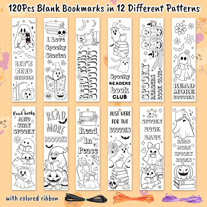 Halloween Color Your Own Bookmarks-120 Pcs Spooky Ghost Themed DIY Coloring Blank Bookmark Halloween Party Game Prize Art Craft Supplies for Students Fillers Classroom Reading Club Rewards Book Decors